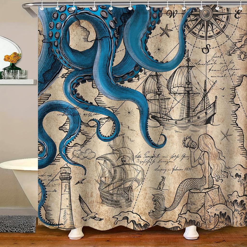 Темно-синяя водонепроницаемая шторка для душа - Винтажный морской осьминог, русалка, кракен, якорь, карта, океанская тема, декор для ванной