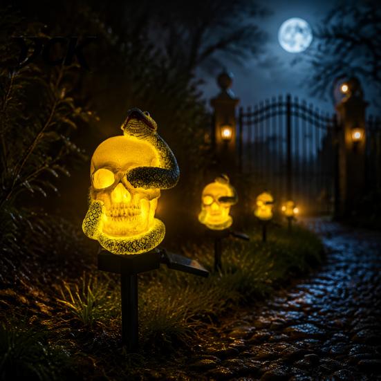 Dark Style Courtyard Ornaments Garden Skull Solar Light, See Hear Speak No Evil Spooky Automatic Dusk to Dawn Lighting Waterproof LED Light with Stake