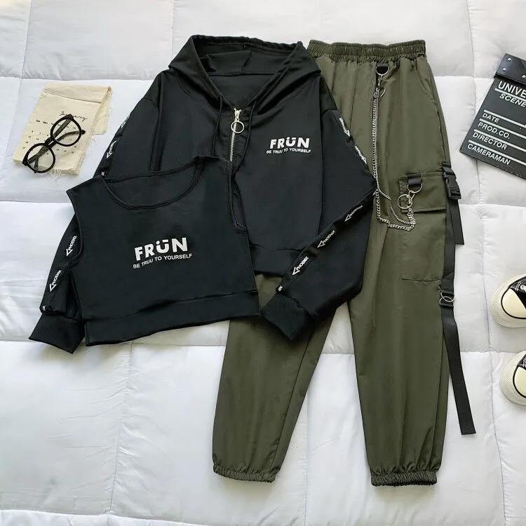 Cargo Pants Women's Suit Loose Hooded Sports Cardigan + Vest + Pant Three-piece Chain Letter Printing Set
