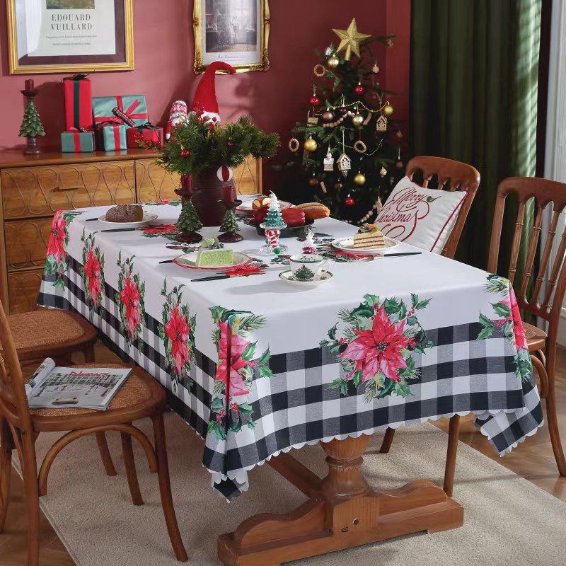 Festive Holiday Tablecloth Waterproof Polyester Embossed Rectangle Christmas Party Dining Cover with Lace
