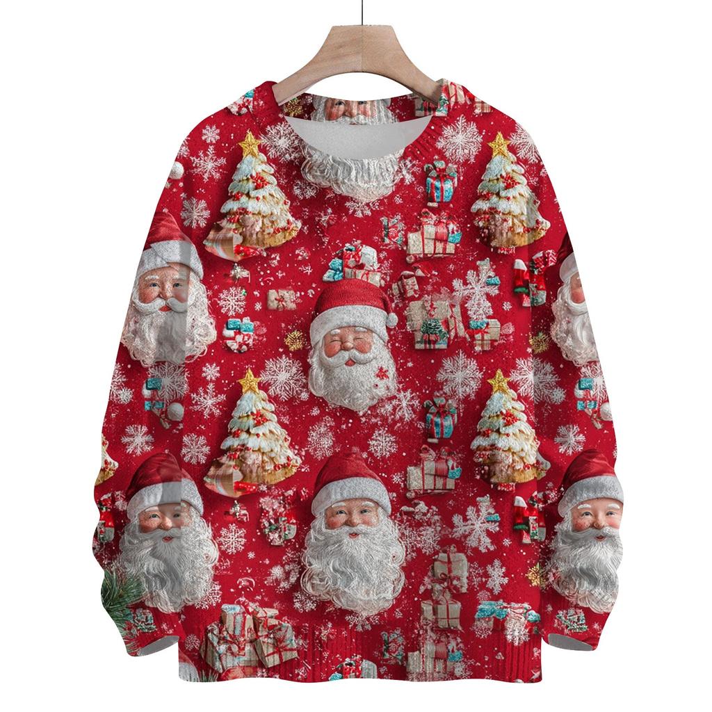 Women's Fashion Round Neck Casual Long Sleeve Christmas Cute Printed Woolen Knit Top