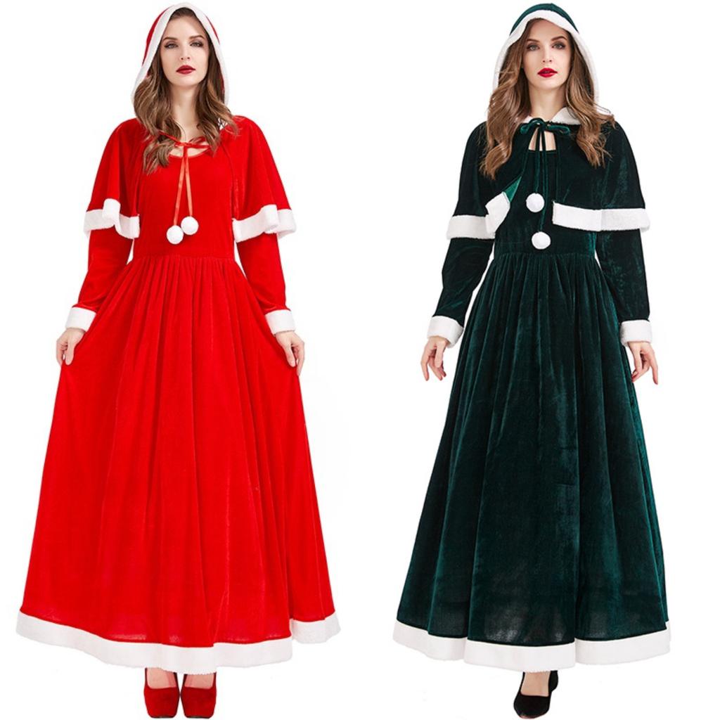Взрослый Женский Рождественский Красный Эльф Бархатная Накидка Шаль с Капюшоном Платье Комплект Хэллоуин Ролевая Игра Наряд Косплей Костюм