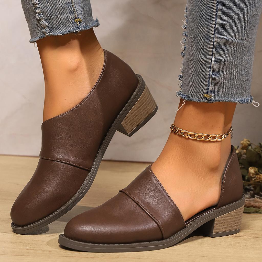 Fashion Women's Chic Pointed Toe Low Top Chunky Heel Shoes Side Cut Out Design Oxford Shoes Casual Open-toe Low-heeled Leather Shoes
