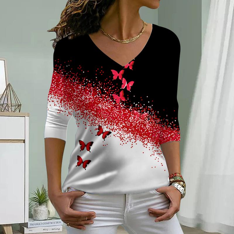 Oblique Butterfly Print Women Tshirts Ladies Tops Long Sleeve V-neck Pullover Femme T-shirts T Shirt For Women