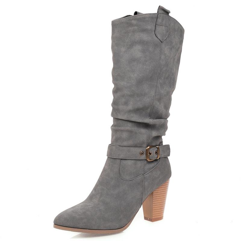 Модные плиссированные женские сапоги, модные сапоги до колена, осенне-зимние серо-бежевые туфли на каблуках, длинные, женские, большого размера 45