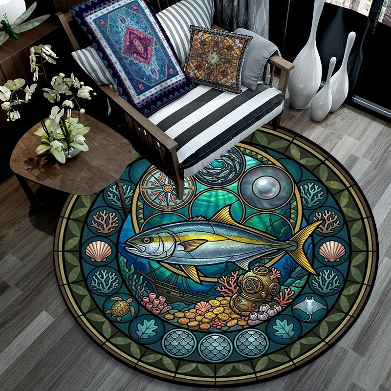 Marine Life Glass Round Area Rug Under Office Chairs Bedroom Living Room Home Decor