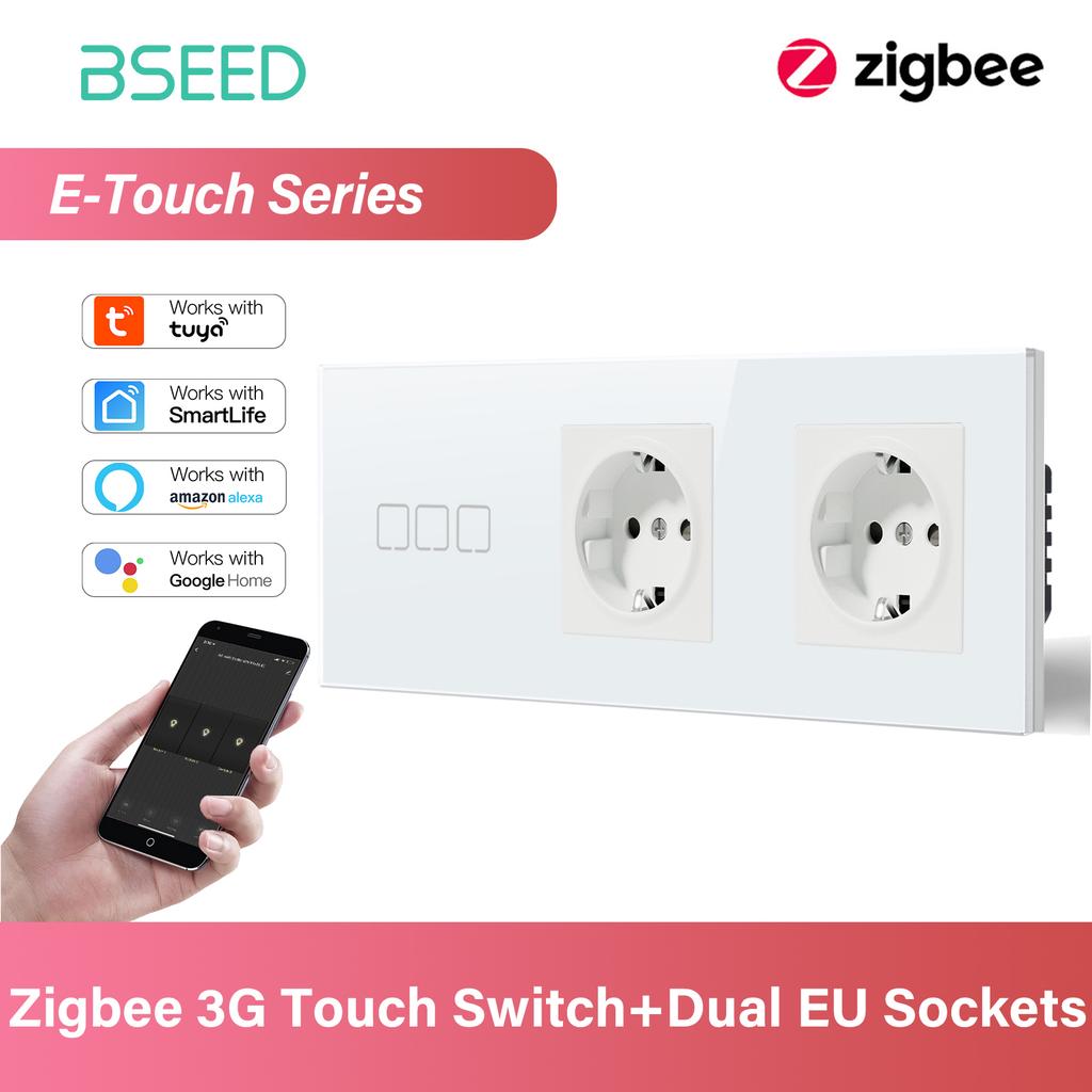 BSEED 1/2/3/4-клавишный сенсорный выключатель Zigbee, стекло с розетками EU, умный настенный выключатель света, сенсорный экран, подсветка, серия E