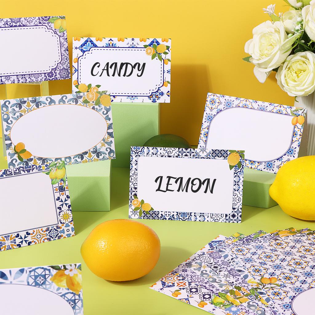 Capri Lemon Place Cards Blue Tile Table Name Labels Yellow Lemon Tent Cards Food Label For Wedding Bridal Shower Table Setting