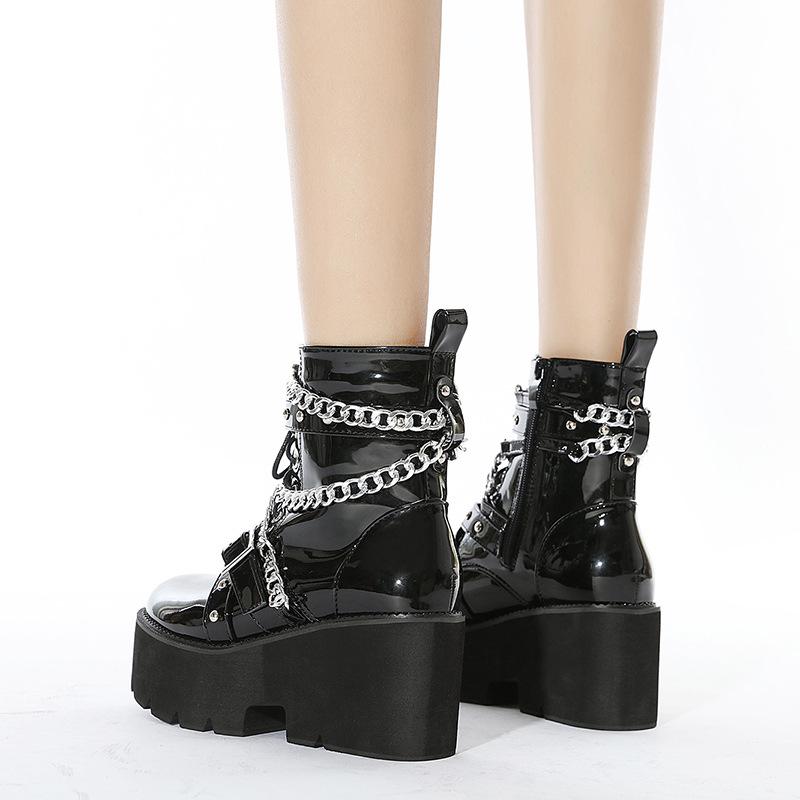 Chunky Heel Knight Boots Women's New Platform Punk Style Comfortable Chain Decoration Thick Sole Mid Length Women's Boots 2024