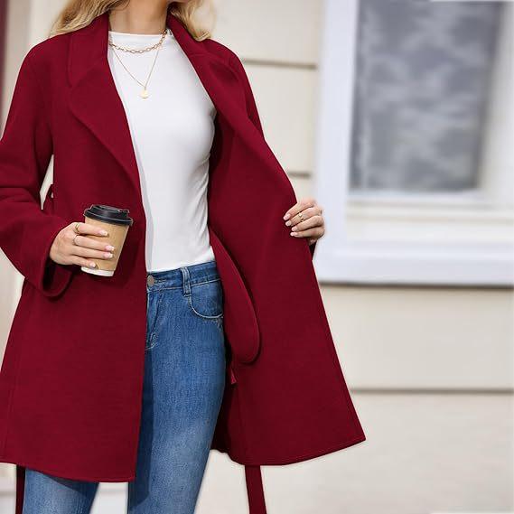 Women's Autumn and Winter Solid Color Long Sleeve Suit Collar Belt Woolen Suit Jacket