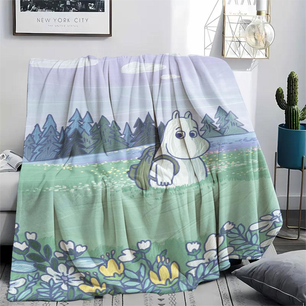 Moomin Printed Flannel Blanket, soft throw for bedroom sofa, washable, fan merchandise, great gift.