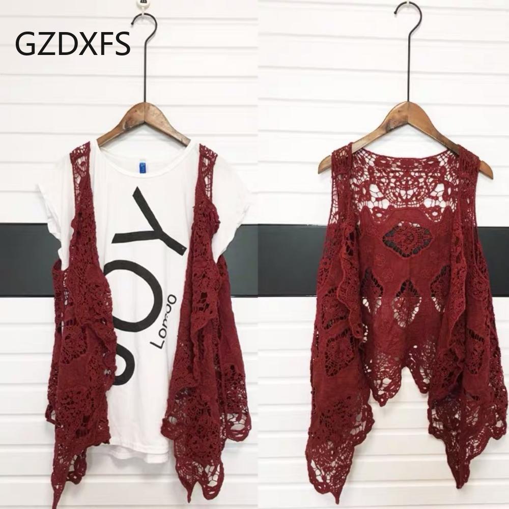 Outside Take Thin Sleeveless Lace Cardigan All-match Shawl Beach Clothes Sunscreen Clothes Women Hollowed Out Air Conditioning Shirt Tide