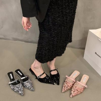 Французский толстый каблук темперамент мешок голова полутапочки сказочные туфли носить 2024 новые весенние и летние блестящие полуподносы одинарные туфли