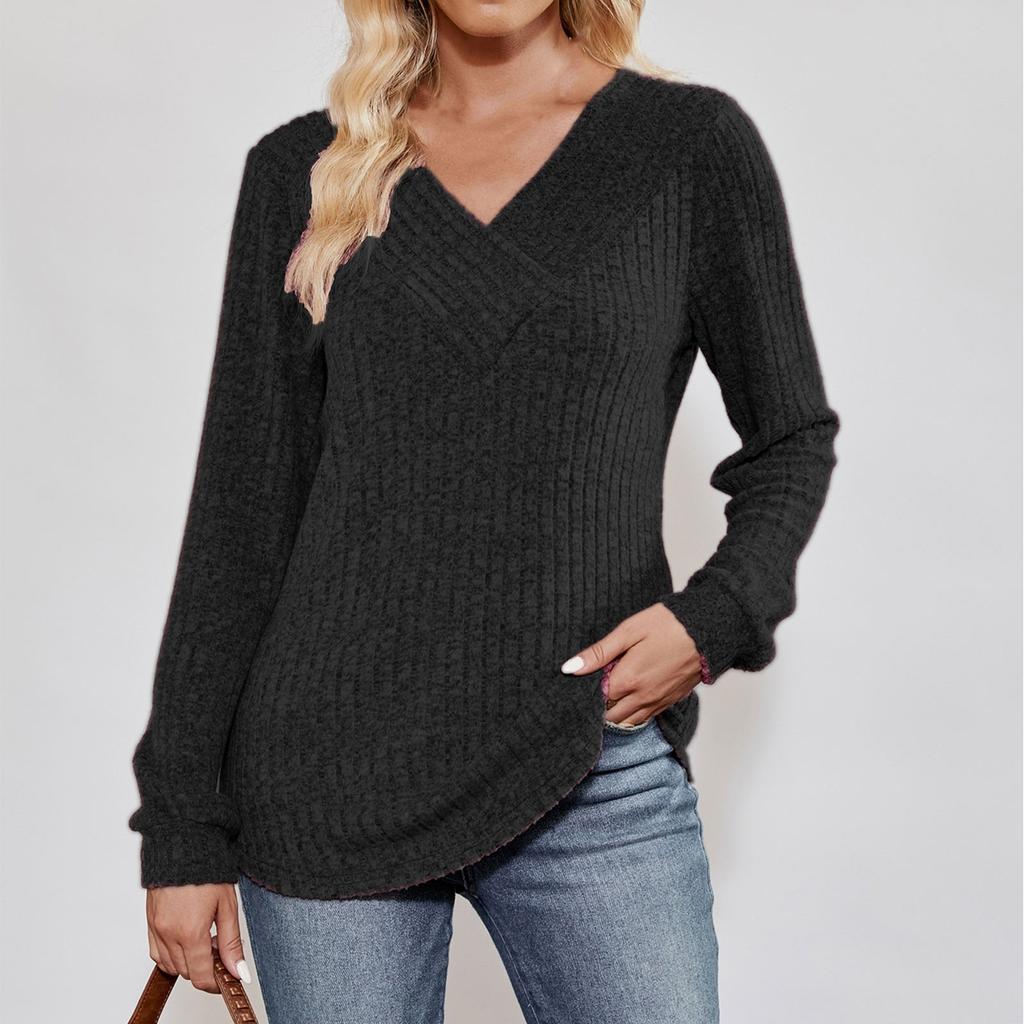 Женская мода однотонный длинный рукав V-образный вырез повседневный пуловер футболка топ