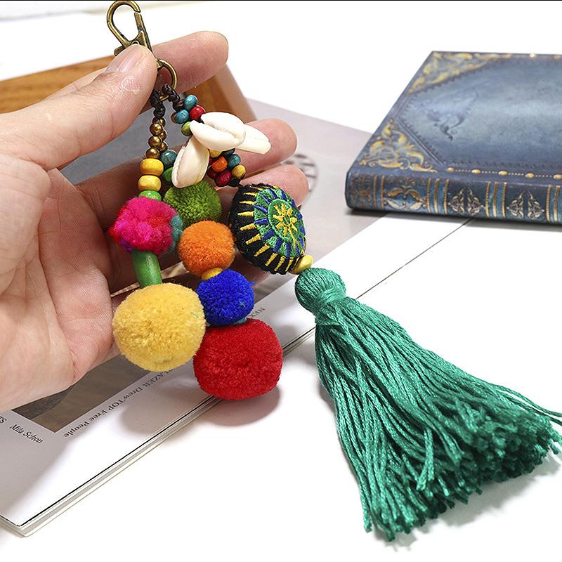Flower Charms Keychains Pompom Tassels Colorful Pendant Keyring Women 1pc Multicolor Beads Accessories Jewelry Boho Style