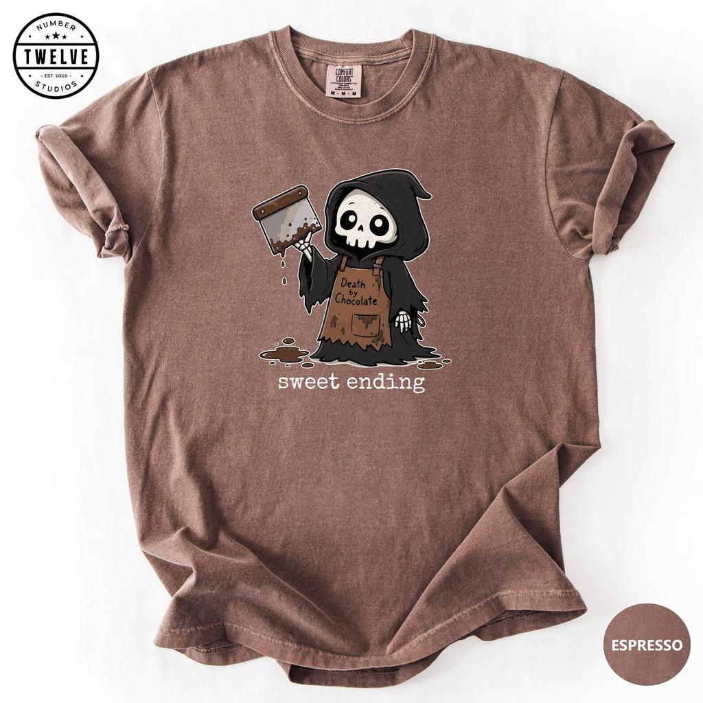 Comfort Colors® Sweet Ending Reaper Shirt, Cute Grim Reaper Tee, Chocolate Baker T-Shirt, Spooky Gift, Kawaii Goth Tshirt, Dark Humor Tee