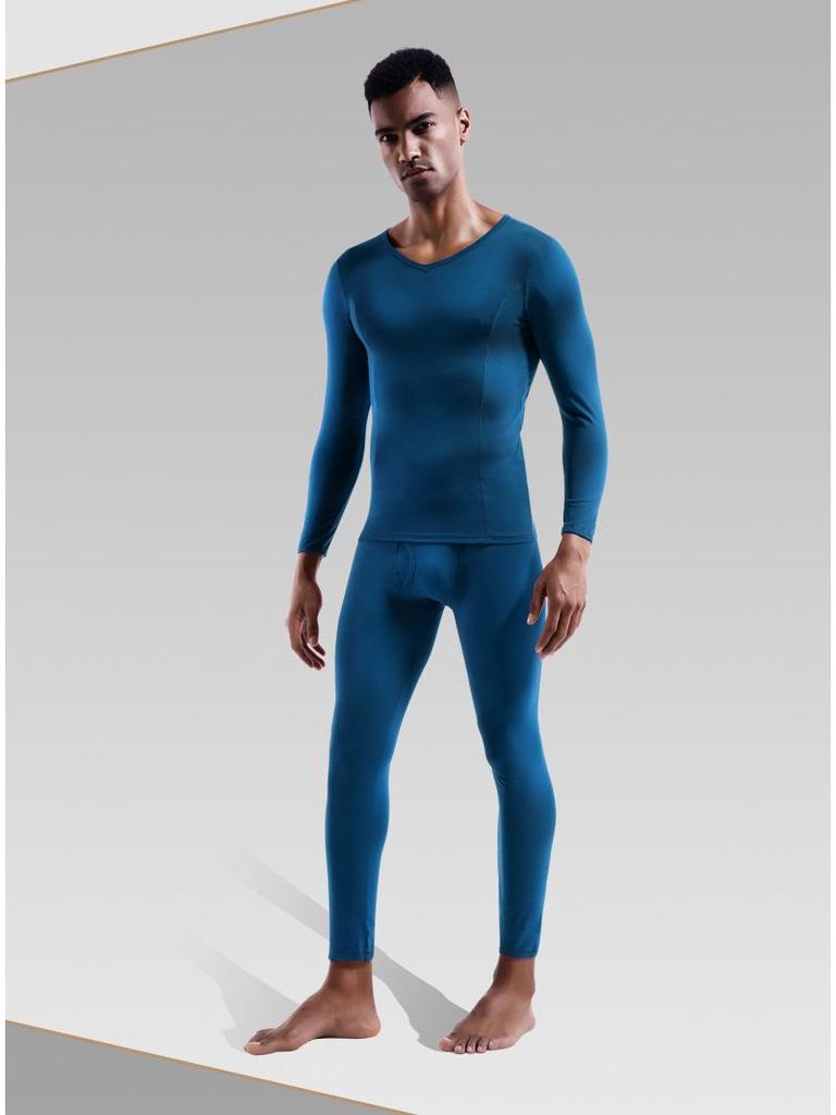 Комплект мужского хлопкового термобелья для молодежи – тонкий, облегающий, с V-образным вырезом, низким воротником, осенняя рубашка и брюки.