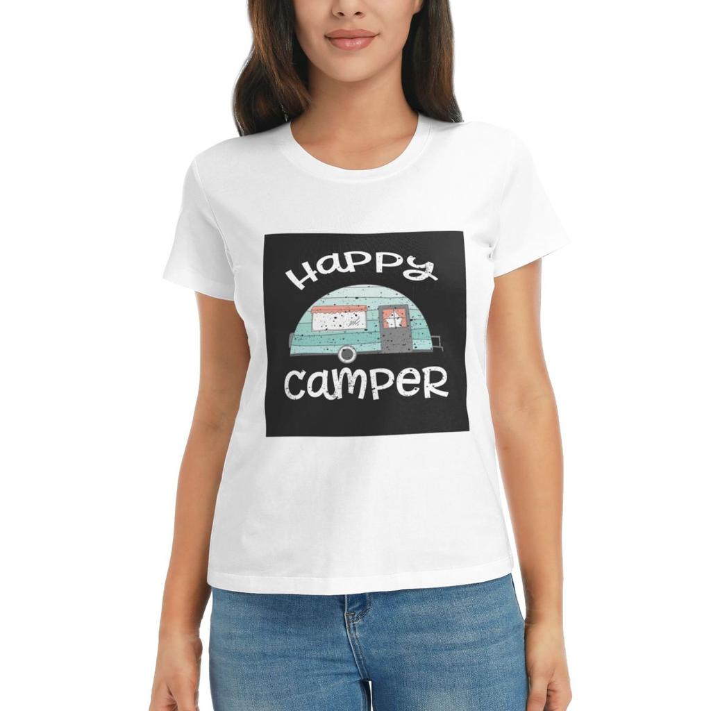 Women TShirt Happy Camper Retro Trailer RV Caravan Camping Summer Short Sleeve Tees Crew Neck T Shirts Clothes Tops Streetwear