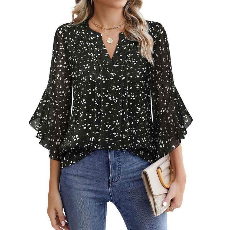 Топ с рукавом три четверти «лепесток лотоса», однотонный, модный, повседневный, свободный, с V-образным вырезом, деловые шифоновые рубашки, женские блузки и рубашки