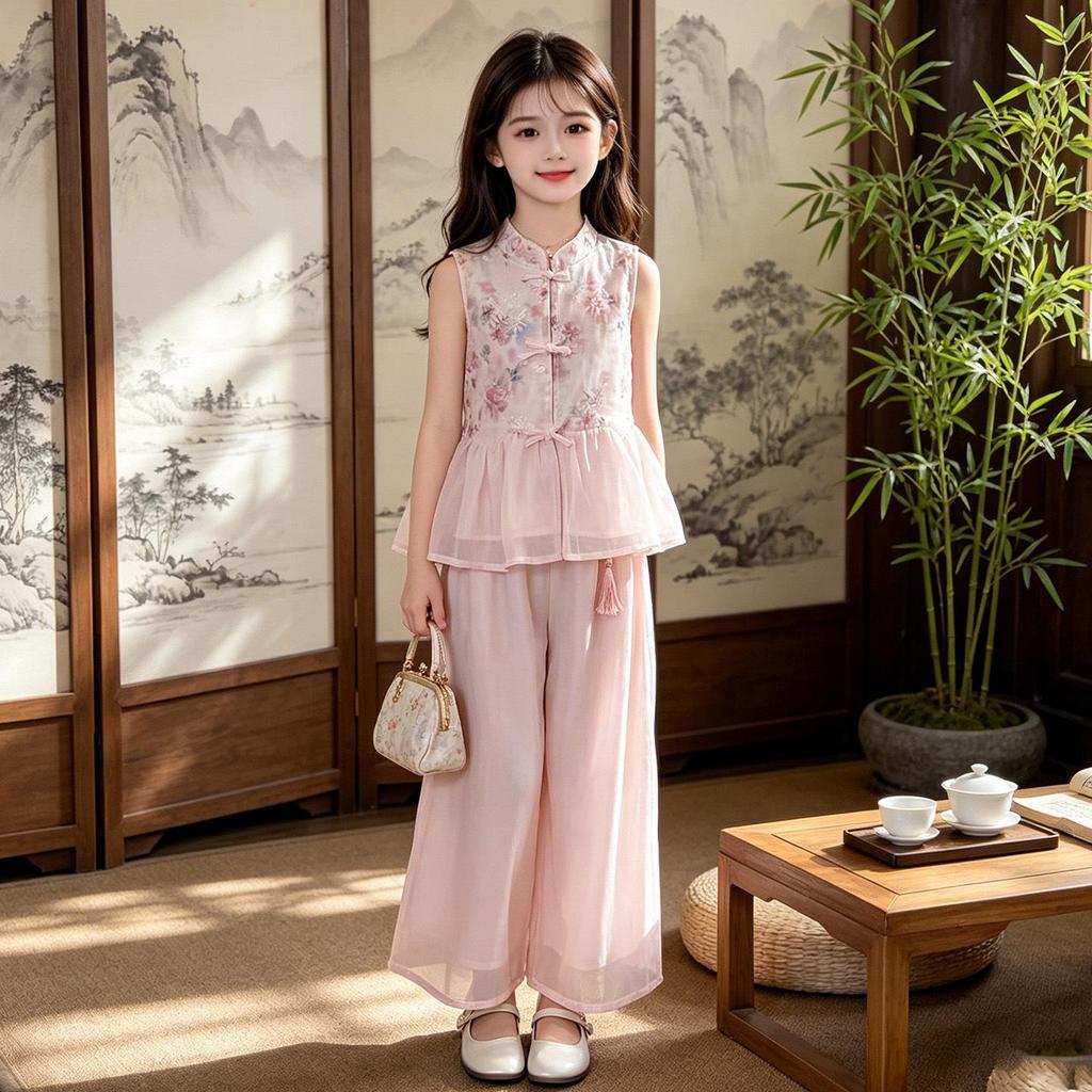 Летний комплект Hanfu для девочек: топ без рукавов и широкие брюки