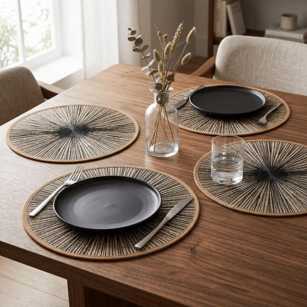 4PCS Bohemia Round Burlap Macrame Placemats Ray Pattern Dinnerware Mat Jute Tableware Mat Hotel