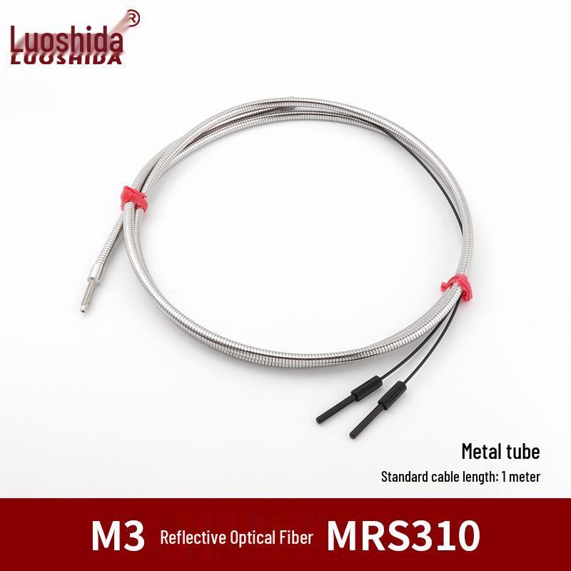 Metal Sheathed Fiber Optic Sensor Amplifier with Right Angle Elbow and Extended Reflective Through-Beam Cable