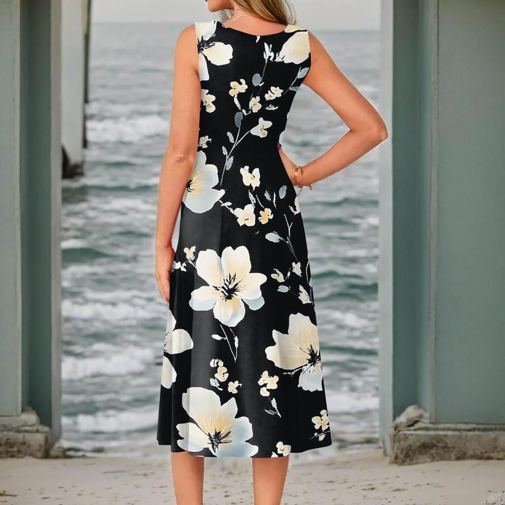 Женское повседневное модное платье миди с цветочным принтом и круглым вырезом без рукавов