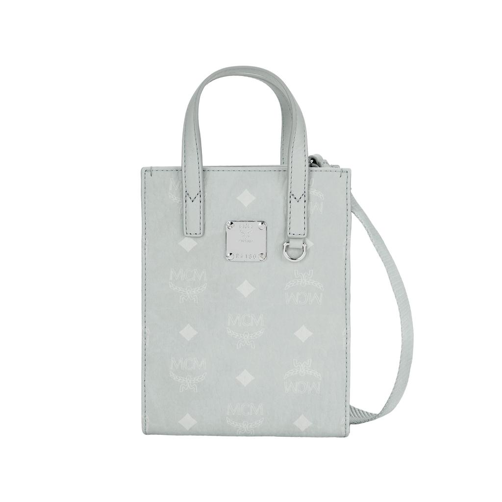 MCM Light Blue Visetos Monogram Mini Tote Bag with Top Handle & Detachable Strap for Daily & Casual Use