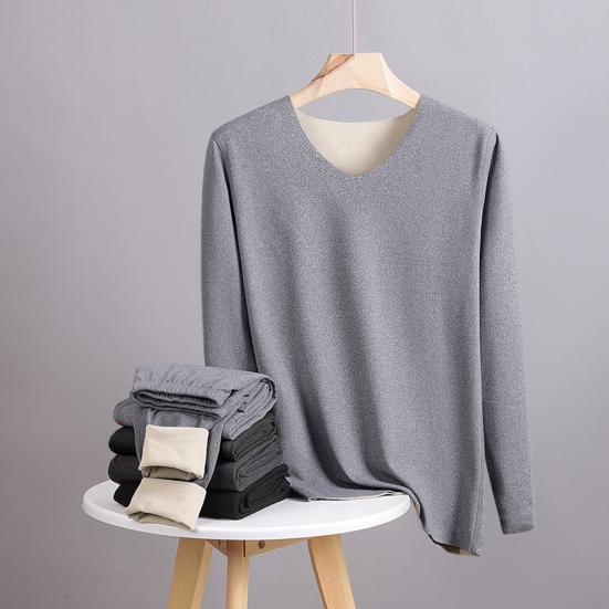 2 шт./компл., мужской однотонный комплект термобелья, двусторонний замшевый топ с v-образным вырезом и длинными рукавами, облегающий комплект с высокой талией и длинными брюками