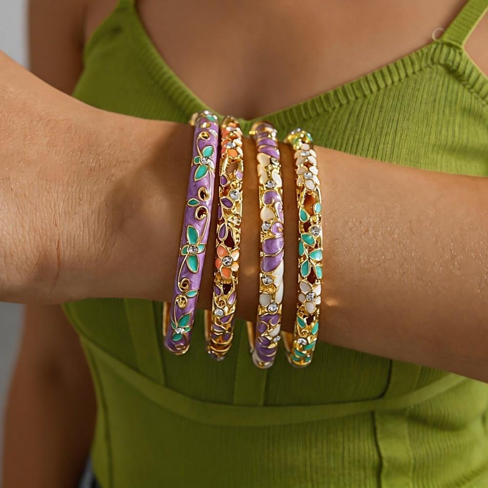 Vintage Dripping Colorful Bangle Gold Color Enamel Flower Bracelet Flower Rhinestone Bangle Women