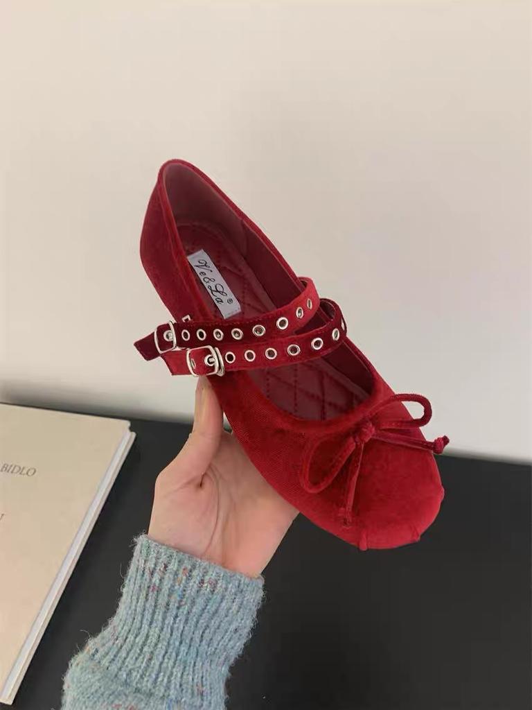 Fashion Flat Shoes for Women 2025 Spring and Autumn New Velvet Bow Mary Jane Round Toe Shallow Mouth Flat Ballet Shoes Single Shoe