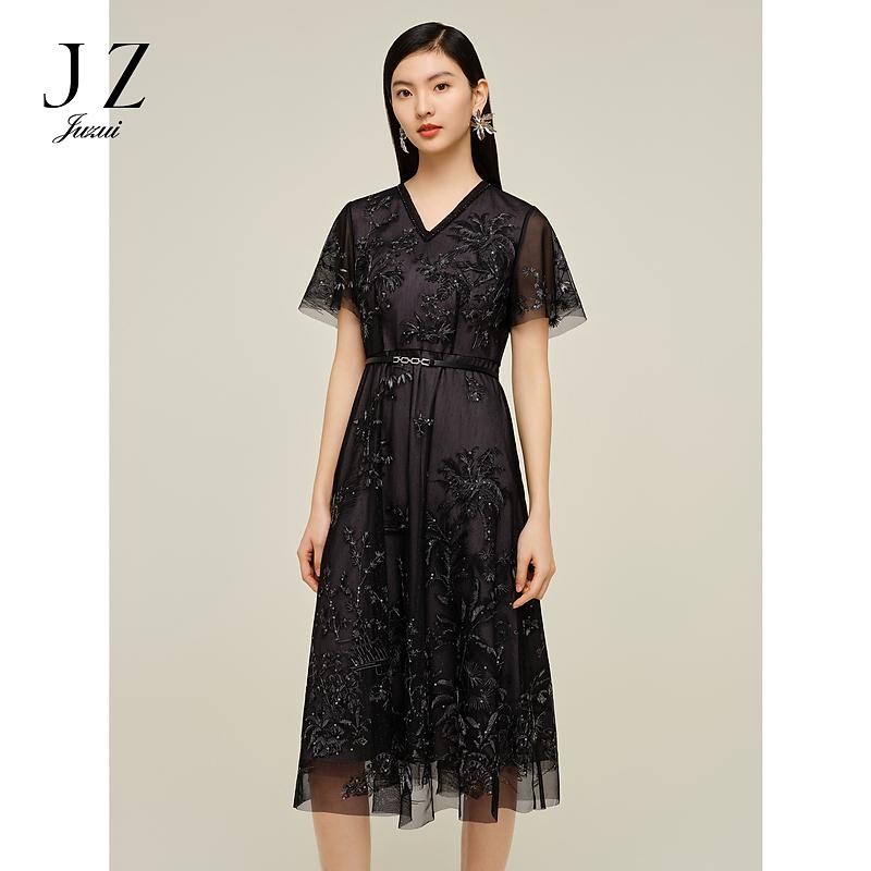 JZ Jiuzi Shopping Mall Same Light Mature Embroidered Mesh Waist Dress Women's Summer New Style