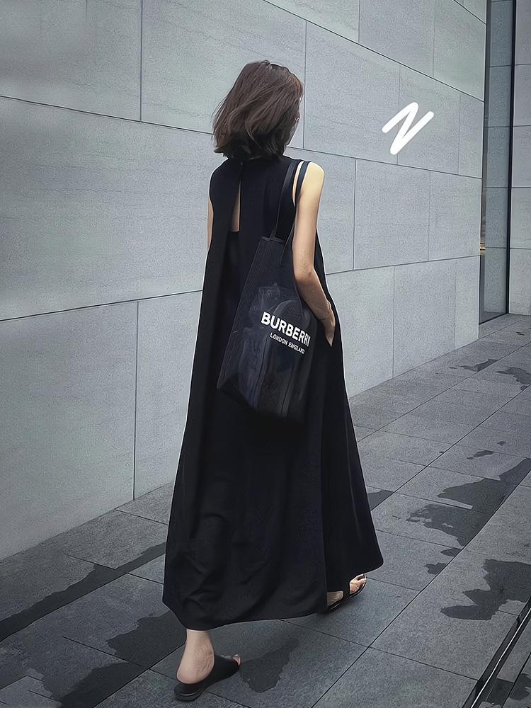 Платье летнее длинное черное без рукавов в стиле Хепберн с французскими вырезами - 2024 Женский цельный наряд с открытой спиной