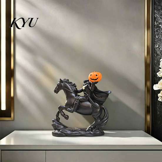 Vintage Halloween Statue Headless Horseman Statue, Gothic Knight Riding Black Horse with Resin Sculpture Pumpkin Lantern, Spooky Festive Decor