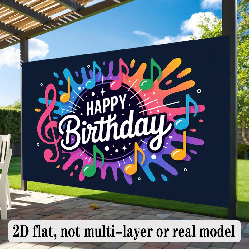 Happy Birthday Musical Notes Theme Colorful Design, 1pc Polyester Party Backdrop Banner, Photo Booth Background, Wall Decor