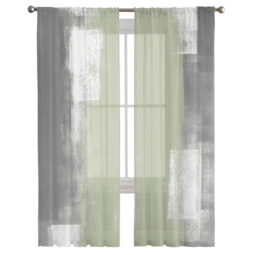 Sage Green Oil Painting Texture Window Tulle Curtains For Living Room Kitchen Home Decor Sheer Voile Curtains 