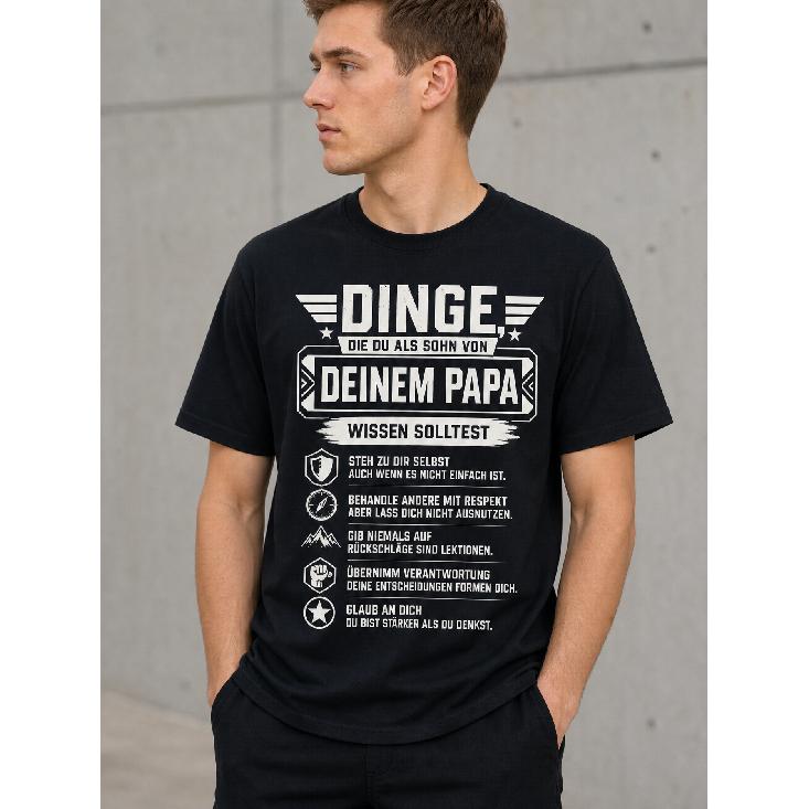 Men's Black Short Sleeve T-Shirt with German Father-Son Wisdom Graphic, Crew Neck, Soft Cotton Feel, Casual Daily Wear for Sons Seeking Life Lessons