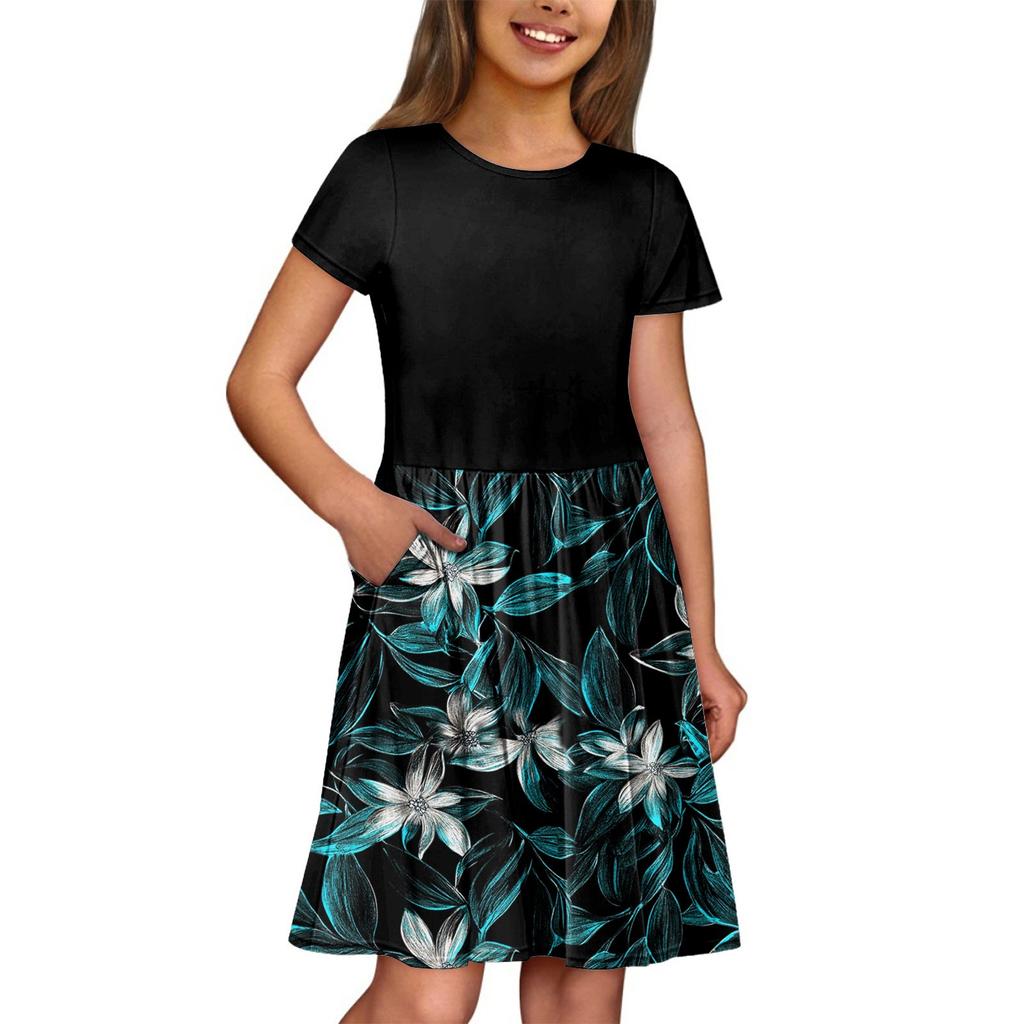 Летнее платье для девочек, однотонное платье без рукавов с принтом и карманом, повседневное платье, вечернее платье с короткими рукавами