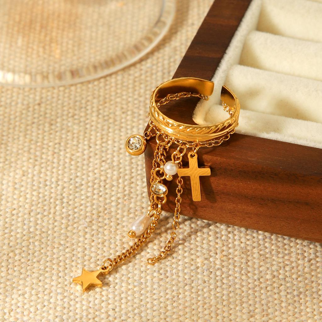 Euro-American style stainless steel star cross zircon ring for women, niche design open ring, titanium steel tassel hand jewelry
