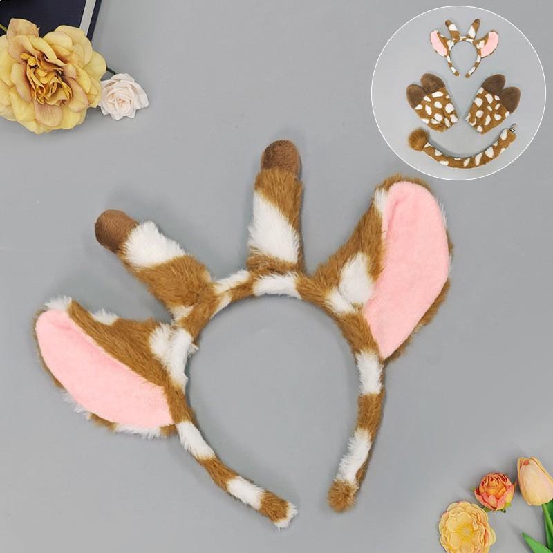 Halloween Costume Accessory Set Deer Ears Tail Hoof Gloves Knitted Animal Headband Party Cosplay