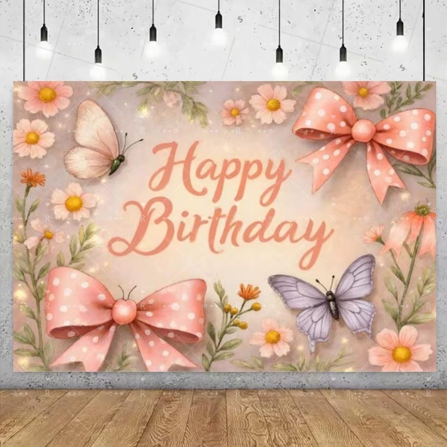 Pink Bow Theme Birthday Party Decoration Banner Girl Butterfly Bow Balloon Flowers Background Baby Shower Photo Supplies Gifts