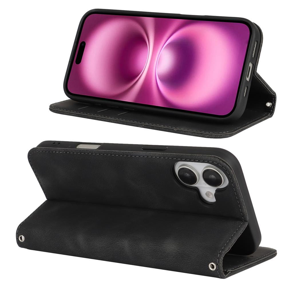 For iPhone 16 Plus Stand Case Magnetic Closure Skin Touch Leather Flip Phone Cover with Wallet