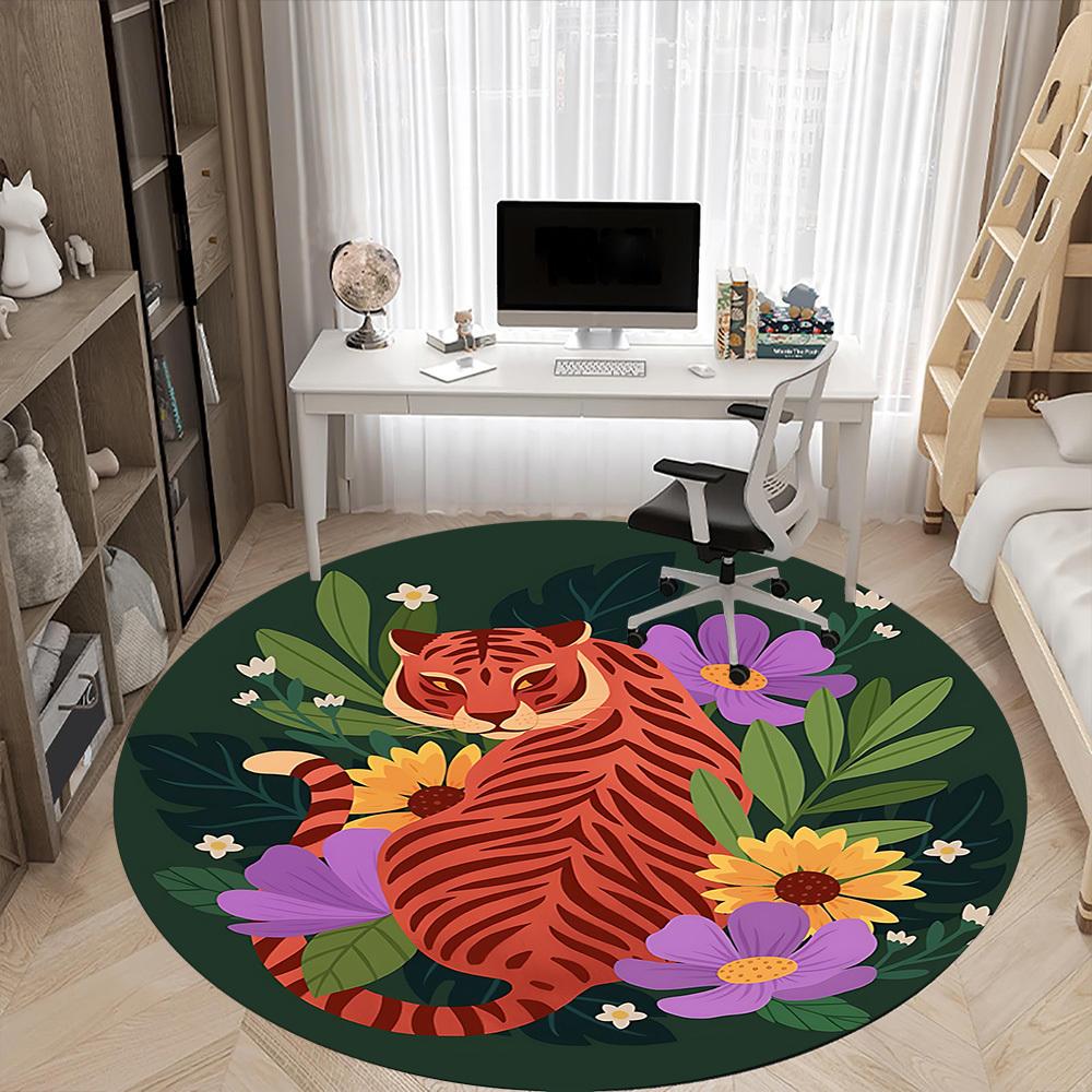 1pc Tiger Flowers Office Round Area Rug,  Mat Suitable For Office, Under Office Chairs Bedroom Living Room Home Decor, Room Deco