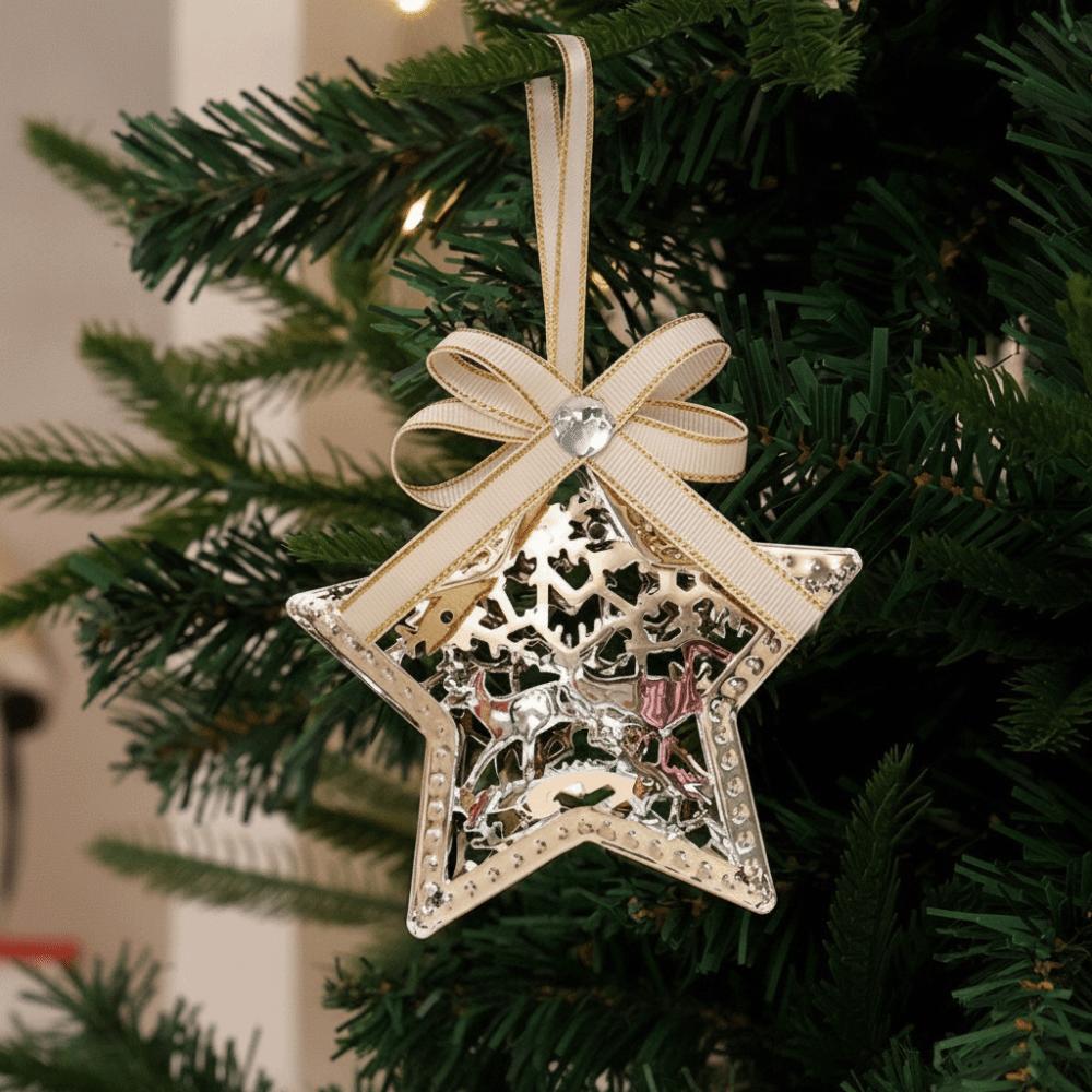 Gold Color Christmas Tree Pendant Snowflake Shape Bell Accent Icicle Ornaments Set Reindeer Motif Star Design