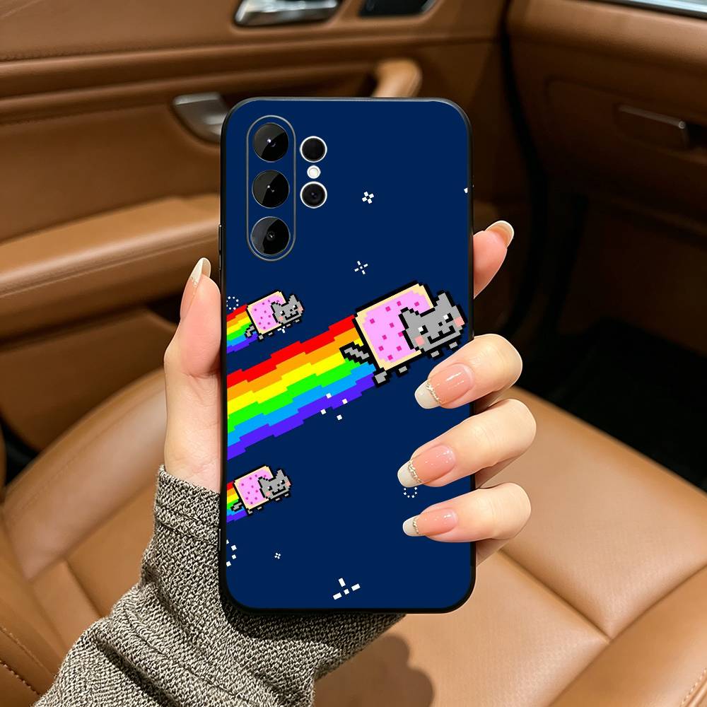 Милый Чехол-Телефон Кот Н-Нян -C- Для Samsung S25,S24,S21,S22,,Plus S23,S30,Ultra,S20,Fe,Lite,Черный Мягкий Силикон