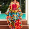Женская мода отпуск лето весна цвет блок печати с длинным рукавом V-образным вырезом повседневные платья