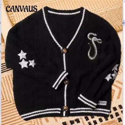 Осенне-зимняя женская однобортная свободная повседневная куртка-свитер с V-образным вырезом и вышитыми звездами с длинными рукавами