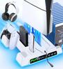 With PS5 Slim Vertical Cooling Stand with Fan and PS5 Controller Charges Two Controllers Simultaneously with Charging Indicator Stores Game Disc and