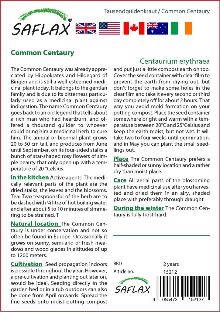 SAFLAX Garden in the Bag - Золототысячник обыкновенный - 250 семян - С субстратом в подходящем пакете - Centaurium erythraea