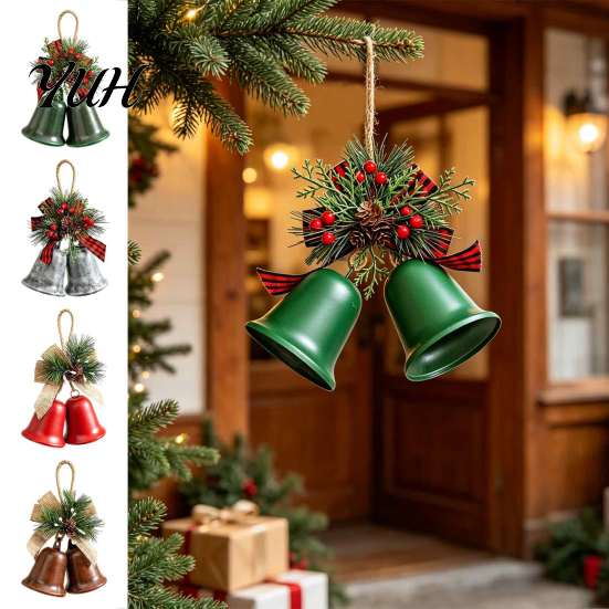 Winter Seasonal Party Supplies Christmas Bell Ornaments, Metal Double Jingle Bells Xmas Tree Hanging Indoor Holiday Scene Arrangement Decoration with